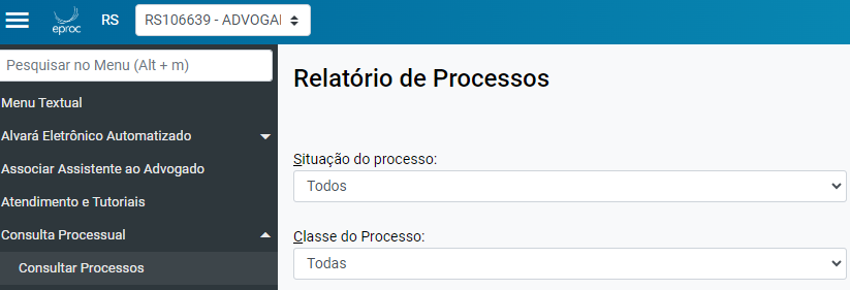 Menu Consulta Processual